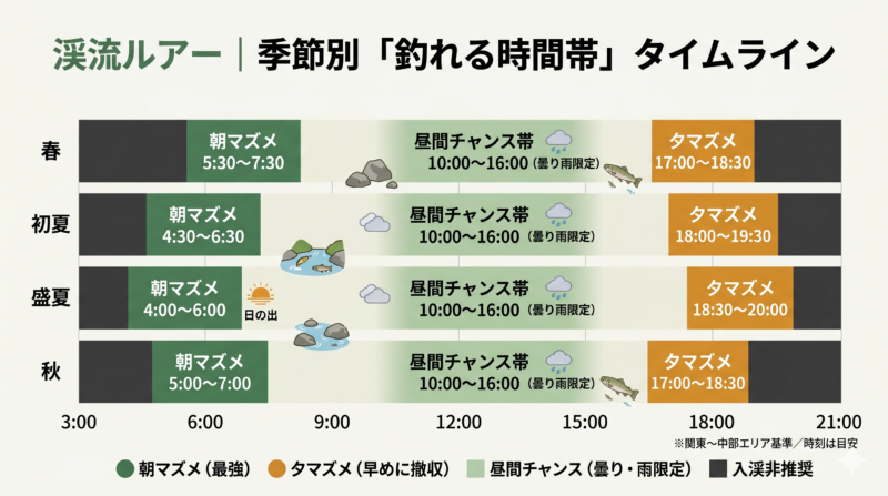 渓流ルアー 季節別マズメ時刻の目安