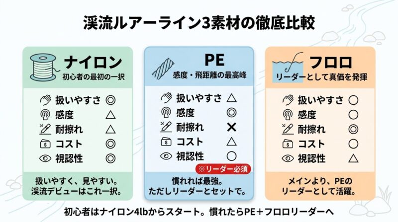 渓流ルアーライン3素材比較