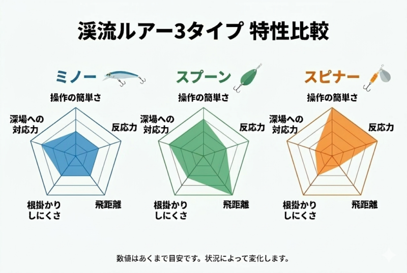 渓流ルアー 種類比較