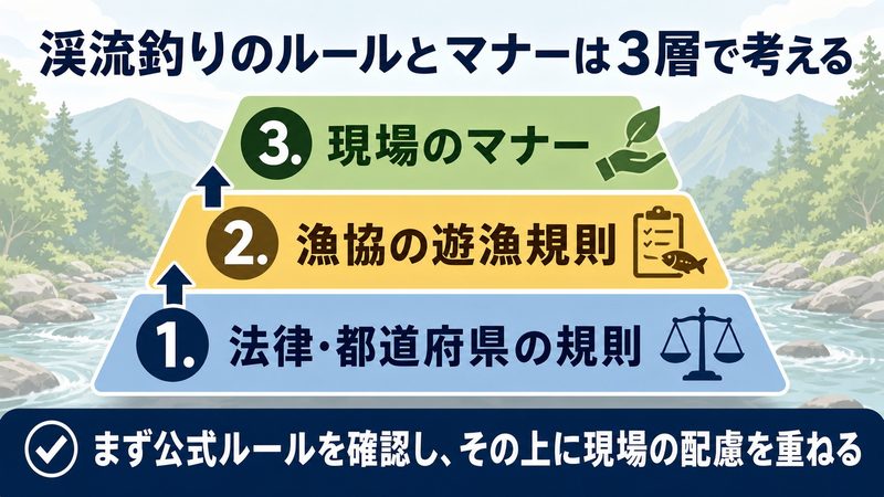 渓流釣りの「公式ルール・遊漁規則・現場マナー」の関係を3層で整理する図