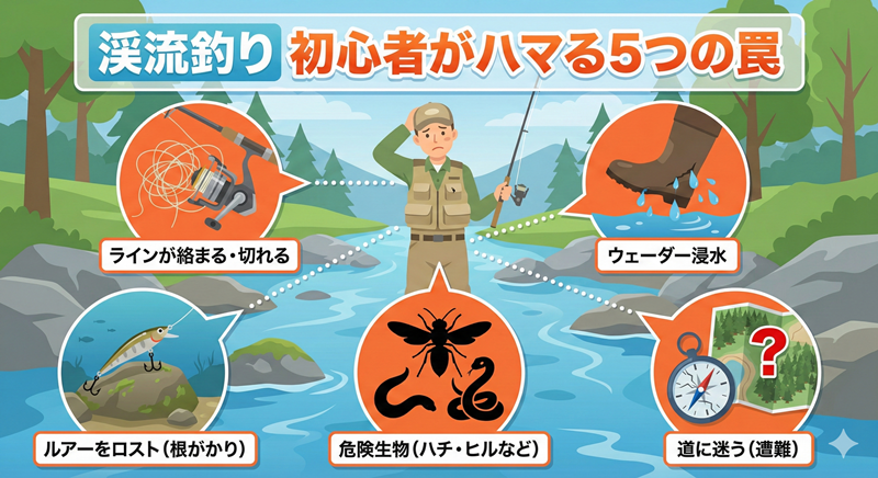 渓流ルアー釣り初心者が注意すべき5つのトラブル（ライントラブル・根がかり・浸水・遭難・危険生物）の全体図解