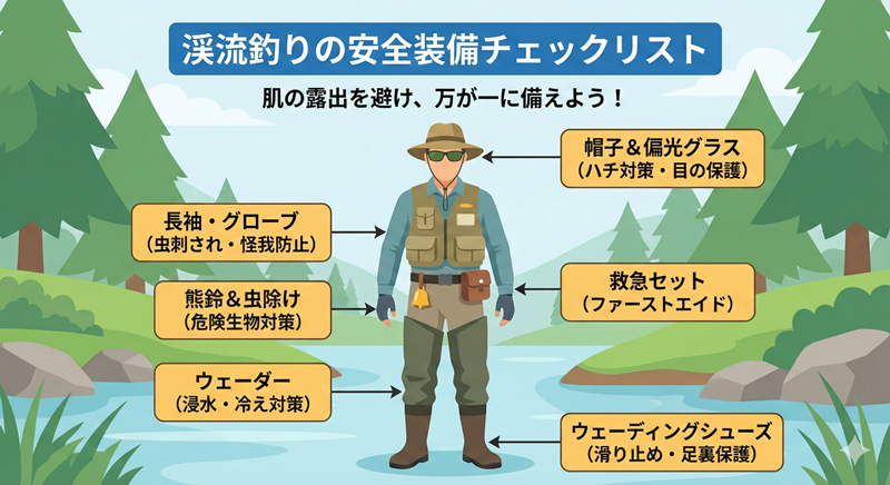 渓流釣りの安全な服装と装備チェックリスト：帽子・偏光グラス・長袖・ウェーダー・虫除け・熊鈴など