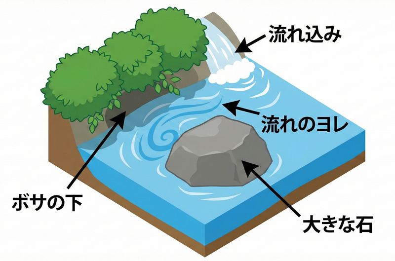 渓流ルアーのポイント図解：流れのヨレ、大きな石の裏、ボサの下、流れ込みの位置関係