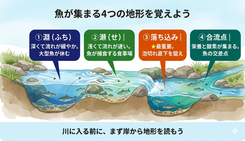 釣れる地形。淵・瀬・落ち込み・流れ込み