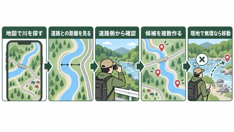 地図で川を探し、道路との距離を確認して候補を複数選ぶ流れ
