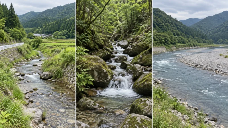 里川・源流・本流の周囲の環境と川幅の違いを比較したイメージ