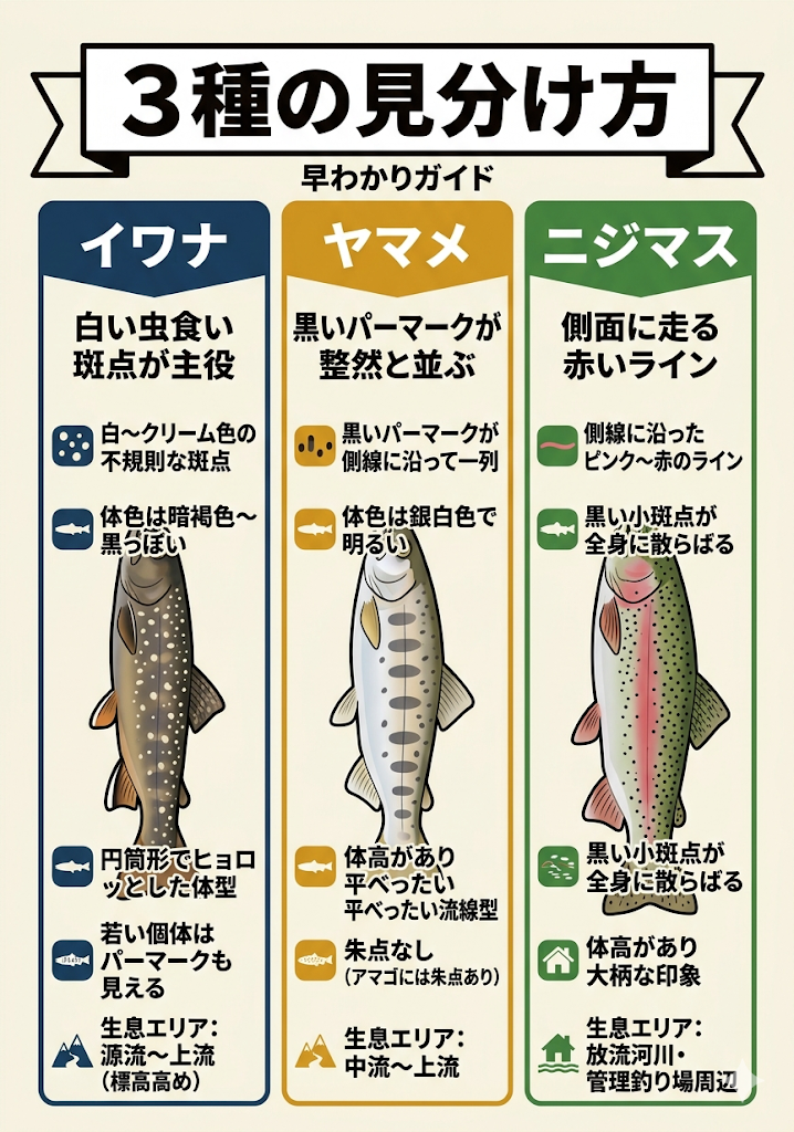 イワナ・ヤマメ・ニジマス見分け方